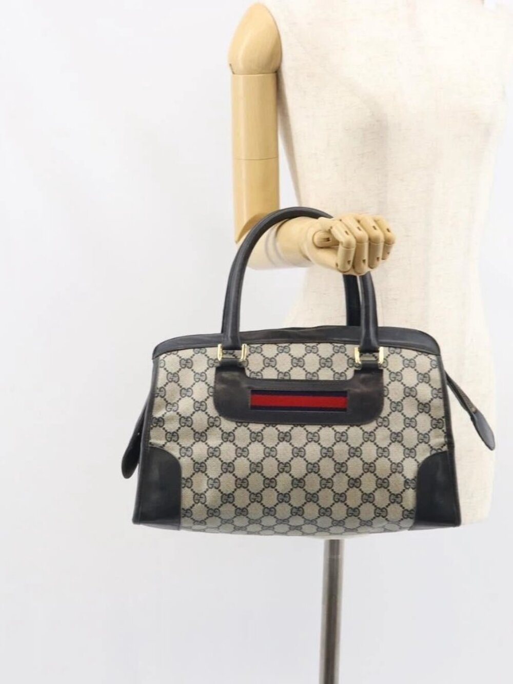 GUCCI GG Supreme Sherry Line Boston Bag PVC Navy Gold Auth 161763